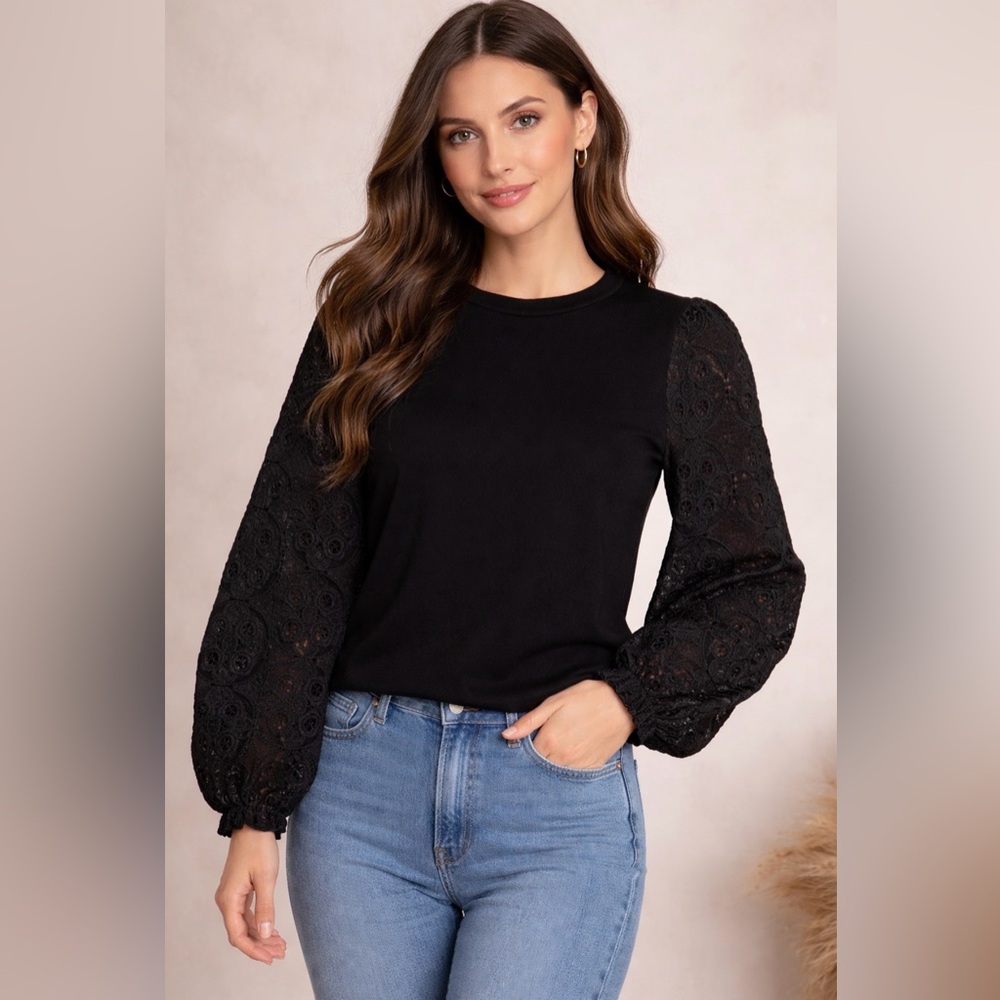 Adrianna Papell Black Embroidered Sleeve Top